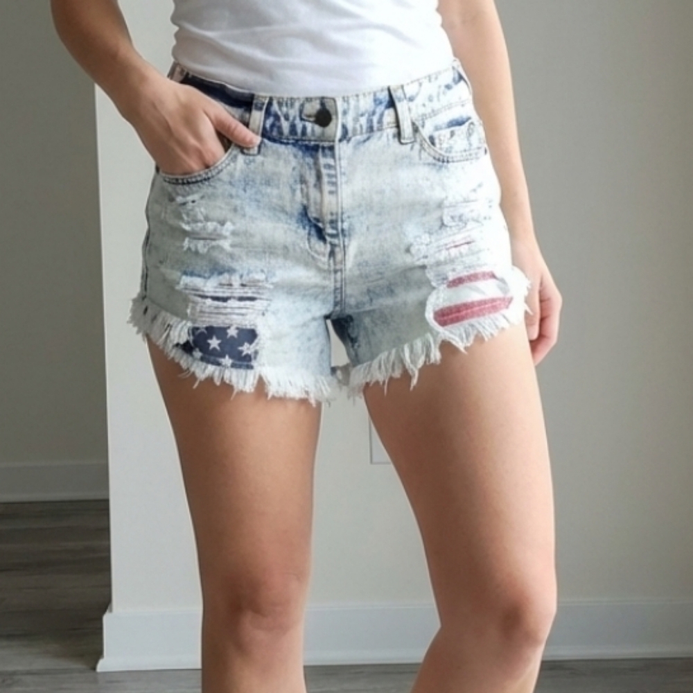 Mossimo High Rise American Flag Acid Wash Cut Offs 2/26